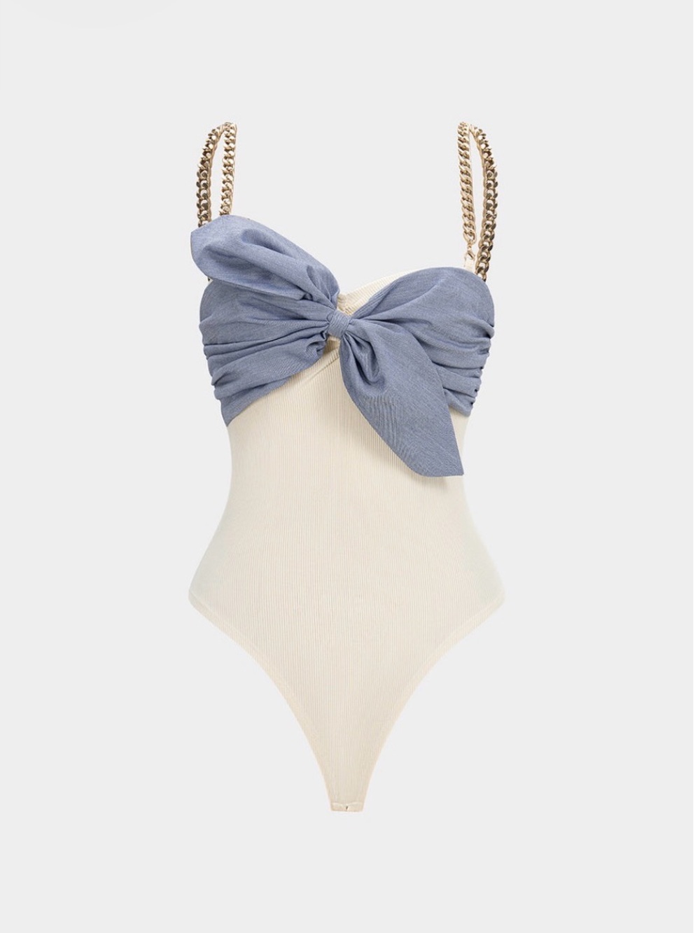 Micas Cream Bodysuit Blue Oversized Bow Gold Chain Straps